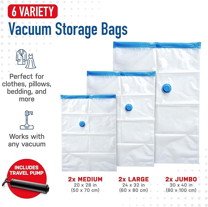 6 Pack Variety Vacuum Seal Bags for Clothing, Travel, Blankets & Comforters - Compression Bag with Hand Pump - Space Saver Vacuum Storage Bags for Bedding, Moving, Travel & Organization (2M, 2L&2XL)-NeatNest