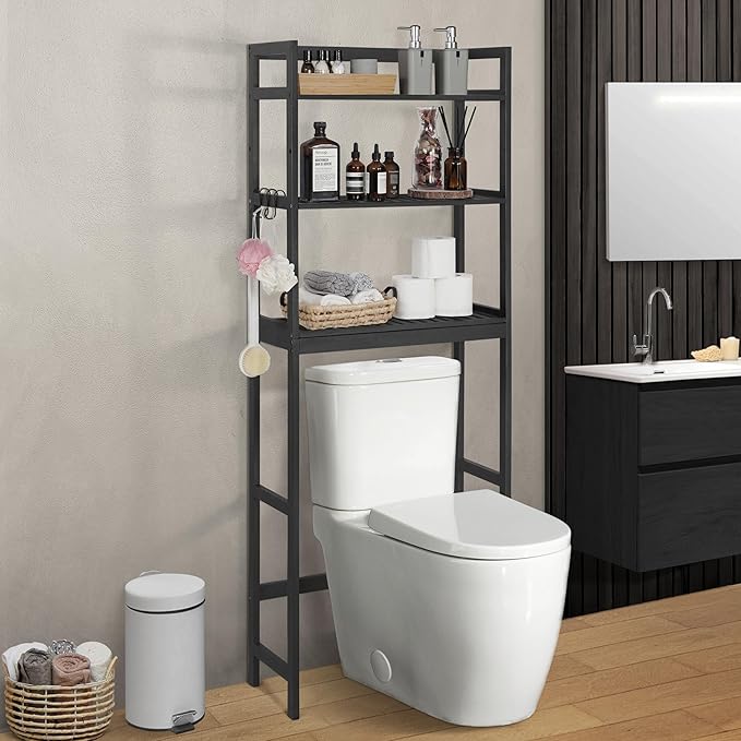 CAPHAUS Over The Toilet Storage Shelf,3-Tier Over-The-Toilet Shelf Rack with Adjustable Feet & Hooks, Freestanding Bamboo Toilet Shelf, Bathroom & Laundry Organizer, Balcony Plant Stand, Black-NeatNest