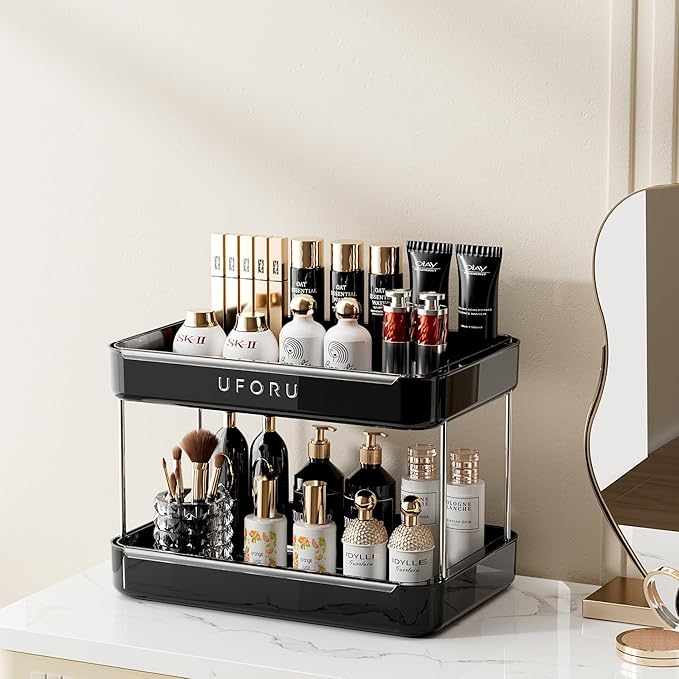 Countertop Coffee Station Organizer, 2 Tier Wine Glass Holder, Mug Display Shelf with Removable Drain Tray, Spice & condiment Rack for Kitchen, Bathroom Countertop Organizer, Black-NeatNest