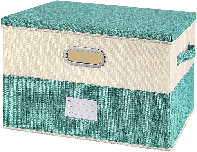 Large Linen Fabric Foldable Storage Bins with Removable Lid and Handles, Washable Storage Box Organizer Containers Baskets Cube with Cover for Bedroom,Closet,Office (Turquoise&Cream, Medium)-NeatNest