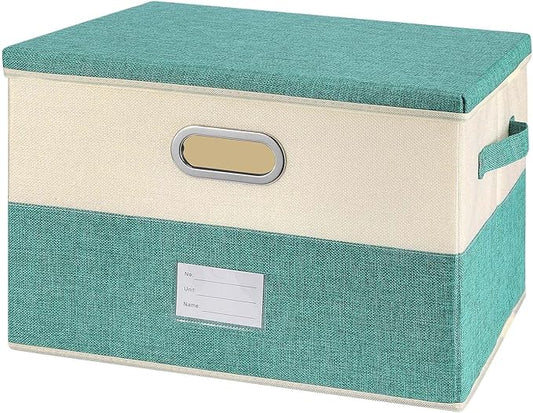 Large Linen Fabric Foldable Storage Bins with Removable Lid and Handles, Washable Storage Box Organizer Containers Baskets Cube with Cover for Bedroom,Closet,Office (Turquoise&Cream, Medium)-NeatNest