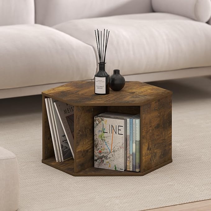 Furinno Modern Hexagonal Coffee Table, Unique Coffee Table, Center Table with Open Storage Shelf, Amber Pine-NeatNest