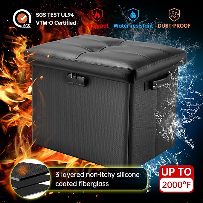 DocSafe Storage Ottoman with Lock,Fireproof Folding Ottoman Foot Rest Stool Storage Chest with Storage Safe for Important Documents,Waterproof 17 Inches Short Ottoman Foot Stool with Handles,Black-NeatNest