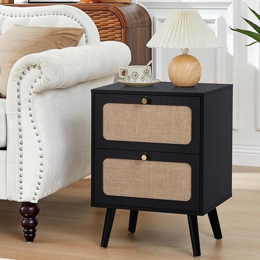 Mid Century Night Stand with 2 Drawers, Farmhouse End Table with Storage & Curved Linen Panel, Modern Nightstands Bedside Table Small Side Tables for Small Space, Bedroom (Black)