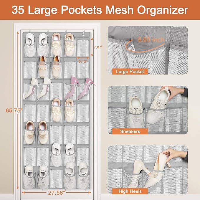 FENTEC 35 Large Pockets Over The Door Shoe Organizer, Mesh Hanging Shoe Organizer Shoe Rack for Closet Mesh Closet Shoe Holder, Over Door Organizer, Shoe Organizer for Wall, Grey, 1 Pack-NeatNest