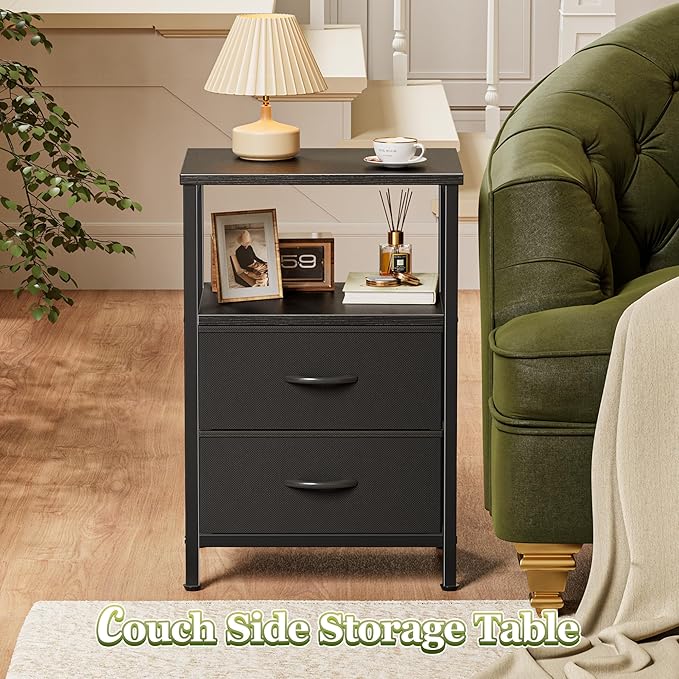 Huuger Night Stand with 2 Drawers, Bed Side Table with Open Shelf, Wooden Top, Nightstand for Bedroom, End Table for Small Space, Fabric Drawer, Black