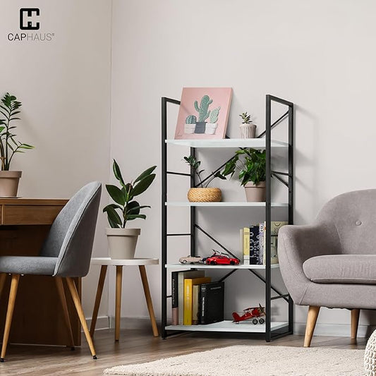 CAPHAUS 4 Tier Bookshelf, 24 Inch Width Free Standing Shelf, Bookcase Shelf Storage Organizer, Industrial Book Shelves for Home Office, Living Room, Kitchen, White Shelves & Metal Frame-NeatNest