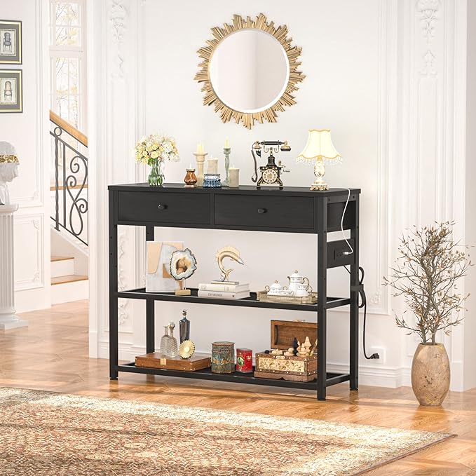 Ecoprsio Entryway Table with Outlets and USB Ports, Console Table with 2 Drawers, Small Sofa Table with Storage Shelves for Living Room, Couch, Hallway, Foyer, Kitchen Counter, 32'', Black-NeatNest