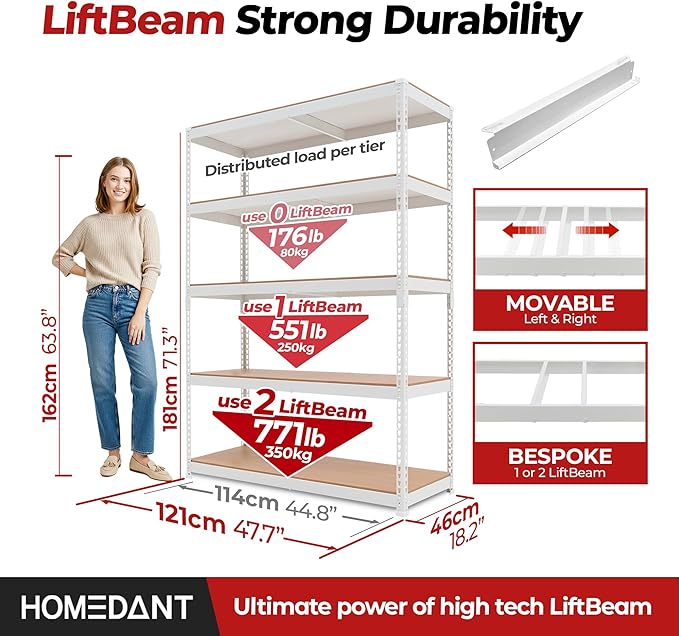 HOMEDANT White 5 Tier Laminated Boltless Heavy Duty Garage Storage Adjustable Wide Size Metal Shelving Unit Utility Rack Shelves Organization Shelf Shed Warehouse 47.7" W x 18.2" D x 71.3" H 1Pack-NeatNest