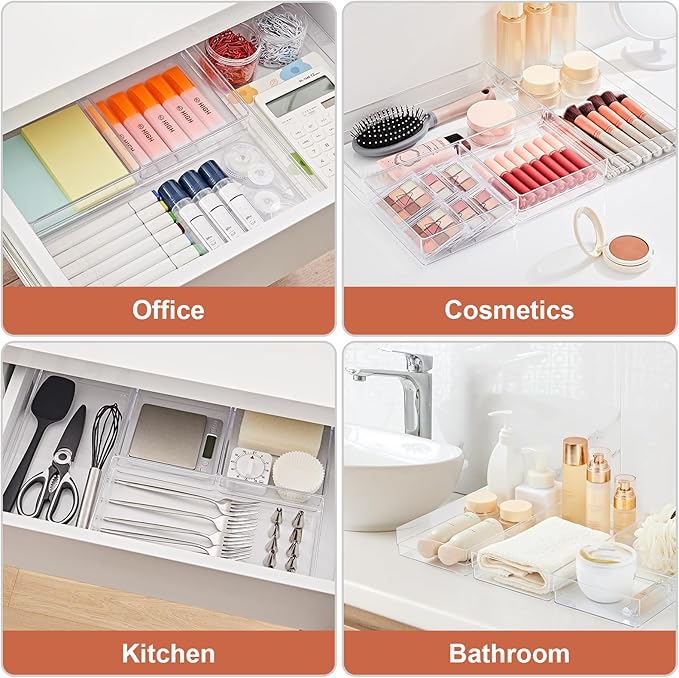 SMARTAKE 6 PCS Clear Plastic Drawer Organizers Set, Large Size Non-Slip Desk Drawer Organizer, 2-Size Versatile Bathroom and Vanity Drawer Organizer Trays for Makeup, Bedroom, Office, Kitchen Utensils-NeatNest
