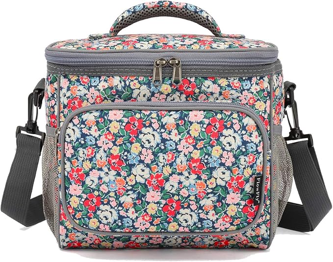 FlowFly Insulated Reusable Lunch Bag Adult Large Lunch Box for Women and Men with Adjustable Shoulder Strap,Front Zipper Pocket and Dual Large Mesh Side Pockets,Floral-NeatNest