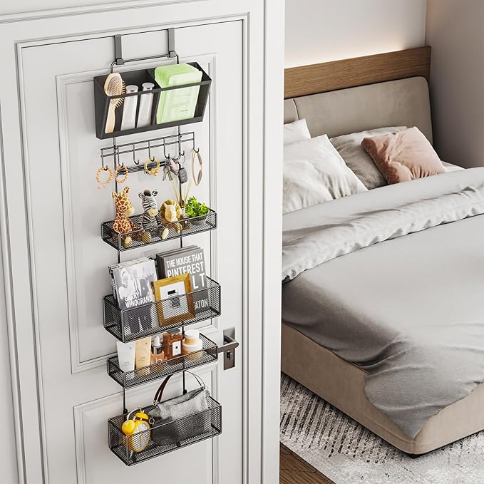HapiRm Over Door Organizer Hanging - 6 Tier Over The Door Storage with Visual Pockets & Hooks, with 4 Metal Large Capacity Baskets for Bathroom Bedroom Kitchen Pantry Cabinet