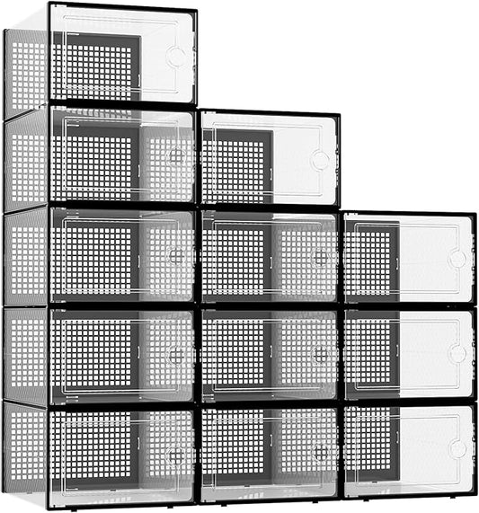 Kuject XX-Large Shoe Storage Boxes Organizers Clear Plastic Stackable 12 Pack, Shoe Rack & Holder Substitute, Sneaker Containers, Toy Storage Organizer Bins for Entryway, Closet, Under Bed, Black-NeatNest