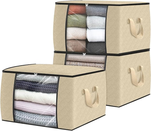 Fab totes 3 Pack Clothes Storage, Foldable Thick Fabric Blanket Storage Bags, Containers for Organizing Bedroom, Closet, Clothing, Comforter,Organization with Handle,Beige-NeatNest