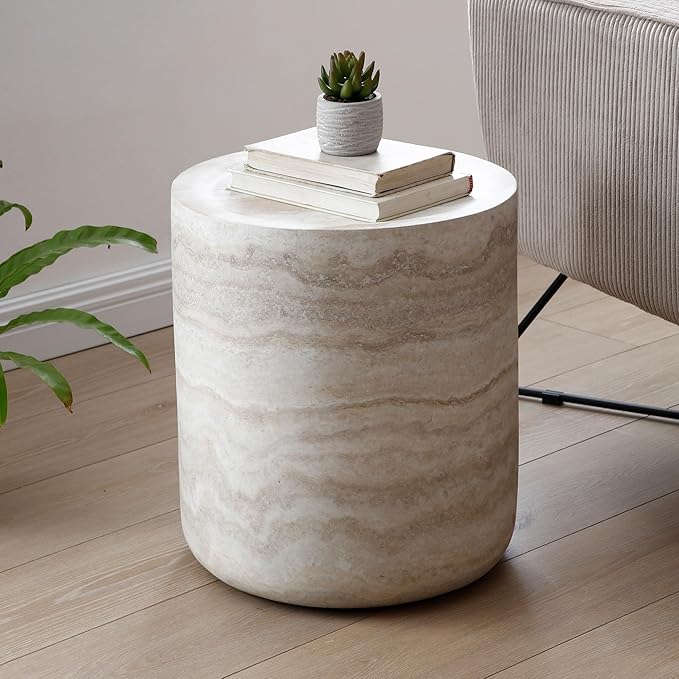 Marble Coffee Table, Modern Round Coffee Table, Circle Drum Coffee Tables, Fiberglass Center End Table for Living Room Apartment Office, No Assembly (15.74" Faux Marble)