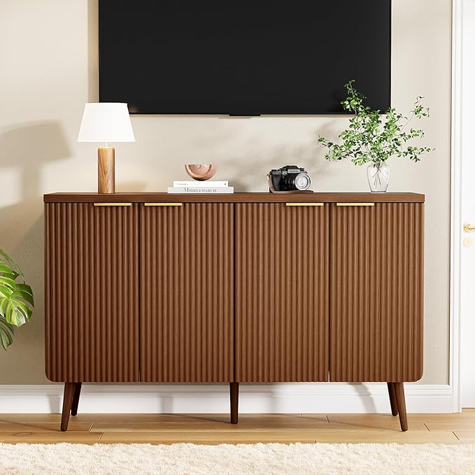 47.2" Sideboard Buffet Cabinet with Storage, Modern Fluted Accent Credenza with 4 Doors, Buffet Media Console Entryway Cabinets with Adjustable Shelves for Living Dining Room Hallway, Walnut-NeatNest