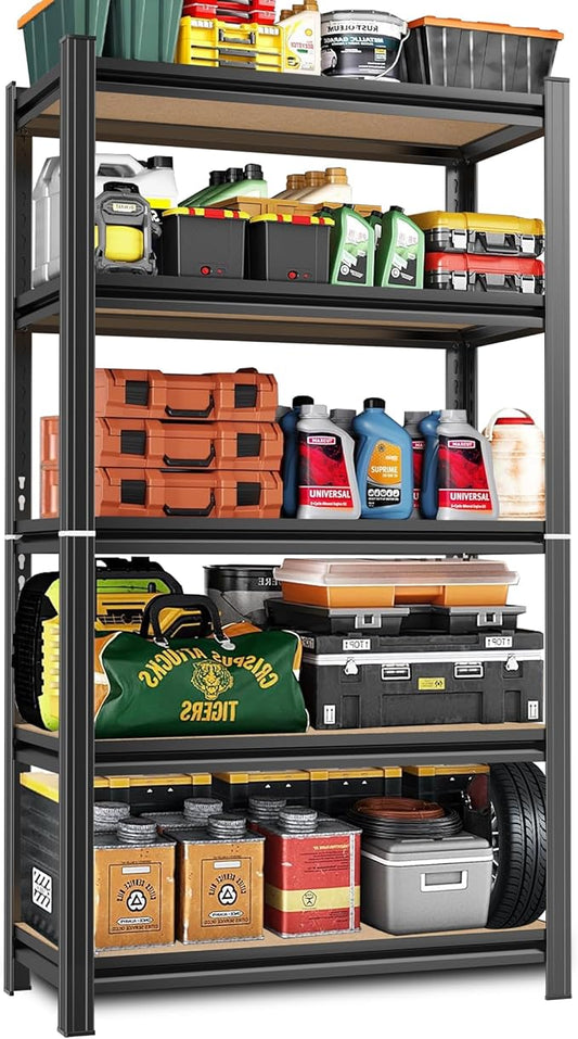 5 Tier Garage Shelving Wood Storage Shelves 2000 lb Load Capacity Adjustabl Shelving Units 57.4" H*29.5" W*11.8" D Metal Shelf Suitable for Basement Warehouse Pantry,Black