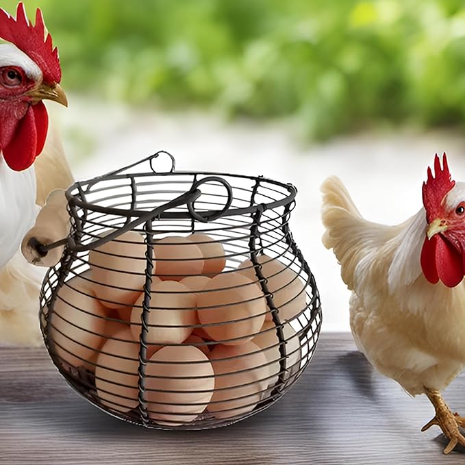 LINCOUNTRY. Farmhouse Wire Egg Baskets for Gathering Fresh Egg With Handle, Round Metal Chicken Basket Collecting Fresh Egg Holder, Vintage Style for Countertop Kitchen