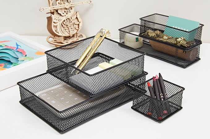 Annova Mesh Stackable Drawer Cabinet and Shelf Organizer Bins Storage Basket School Office Supply Holder Tray- Set of 2 (Black, 6x9x2 Inch)-NeatNest