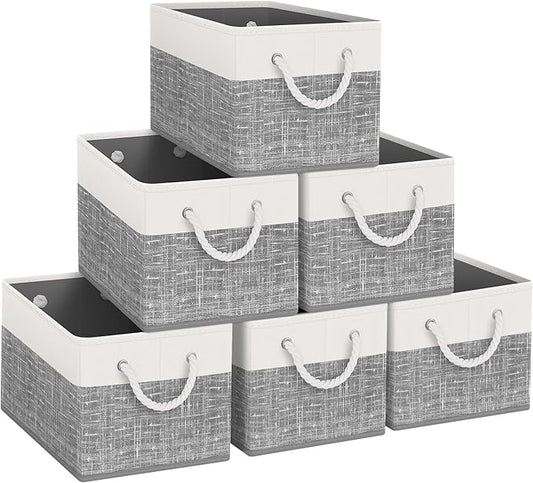 Fab Totes Foldable Storage Baskets - 6-Pack, Organize Toys, Books, Shelves, Closet - Large Storage Box with Rope Handles, Sturdy White & Grey Bins-NeatNest