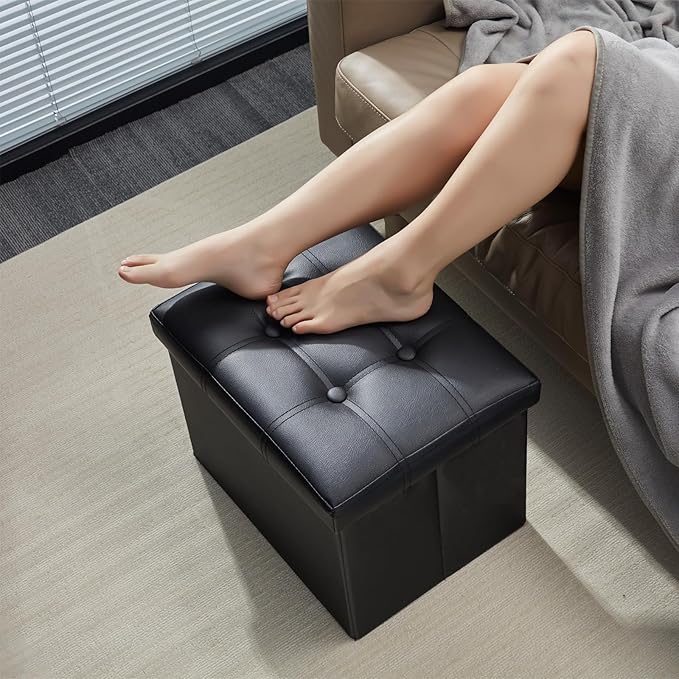 AmasSmile Storage Ottoman Folding Foot Rest Stool, Leather Footstool Bench, Short Ottoman Stool, Storage Foot Rest Store, Books (Black-2pc, 17" D x 13" W x 13" H)-NeatNest