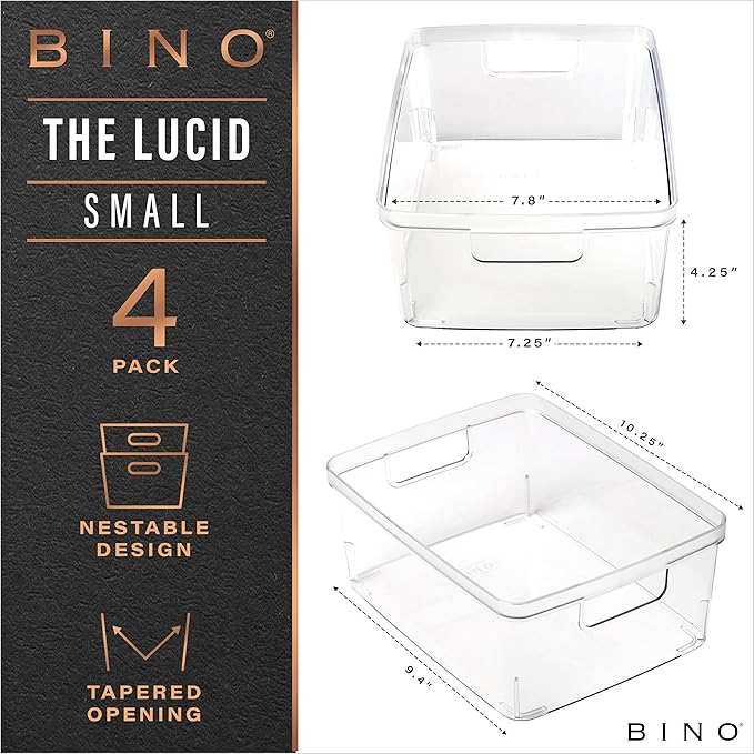 BINO Plastic Storage Containers, Small - 4 Pack THE LUCID COLLECTION, Multi-Use Organizer Bins Built-In Handles BPA-Free Clear, Fridge, Pantry & Home Organization-NeatNest