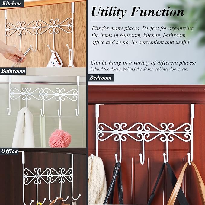 Over The Door Hook,Over Door Towel Rack,Over Door Coat Rack,Door Hanger Hook，Clothes,Belt, Hat,Behind Back of Bathroom, Towel Hanger 5 Hooks,White.