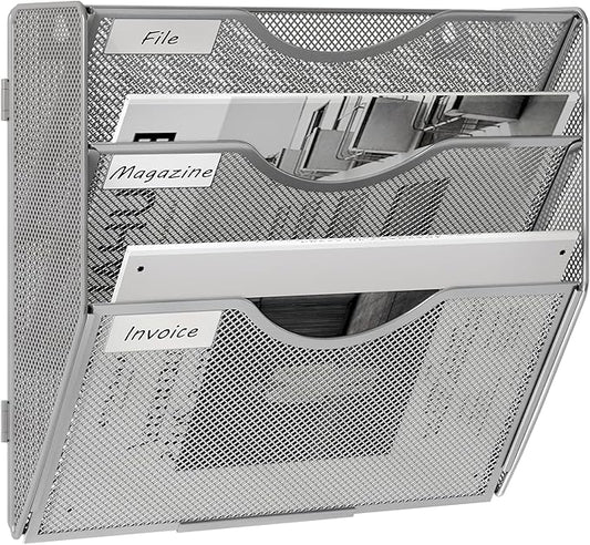 EasyPAG 3 Pocket Wall File Organizer, Silver | Metal Mesh Wall Mounted File Holder | Assembly Hanging Mail Organizer | Replaceable Classify Labels | Office Home Letter Size Paper Storage