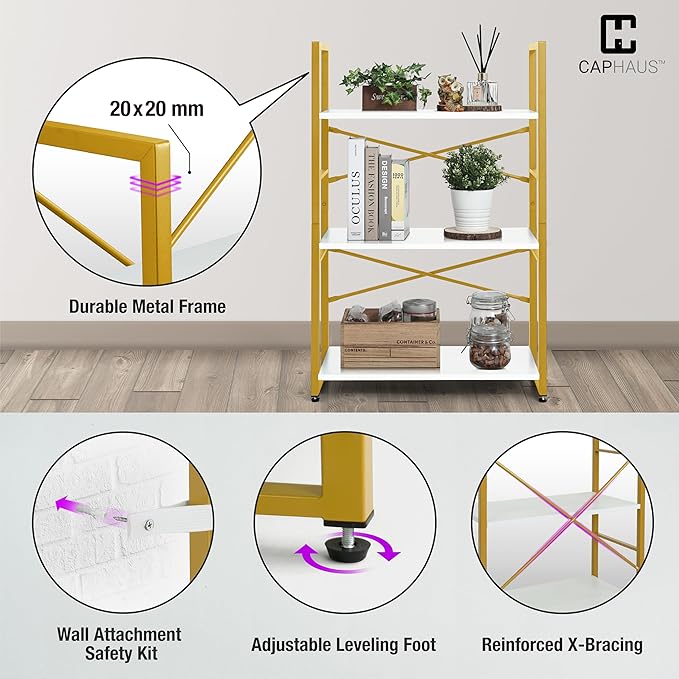 CAPHAUS 2 Tier Small Bookshelf, 24 Inch Width Free Standing Shelf, Bookcase Shelf Storage Organizer, Industrial Book Shelves for Home Office, Living Room, White Wooden Shelves & Gold Frame-NeatNest