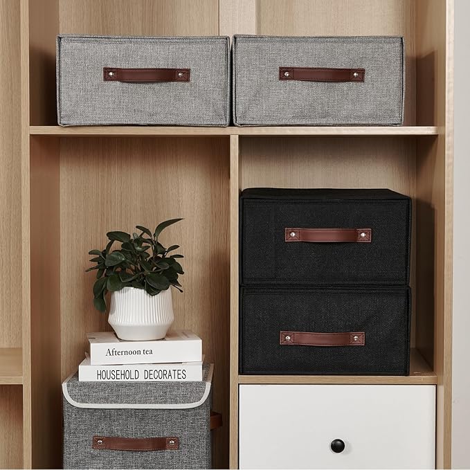 Closet Drawer Organizer Stackable Fabric Storage Boxes Bins Baskets with Lid PU Leather Handles Foldable Washable Cotton Linen Wardrobe Shelf Clothes Towels Container (Black, Large)-NeatNest