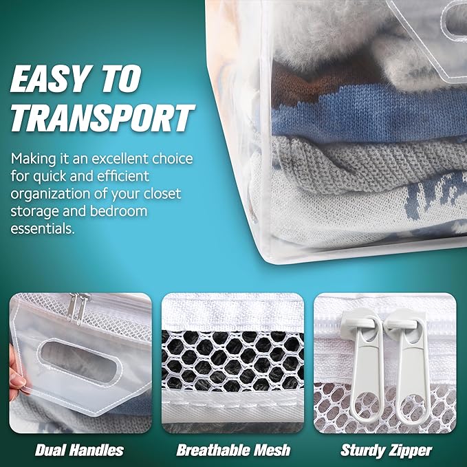 HIBAG 10 Gallon Large Storage Bag for Clothes, Zipper Clothing Storage Bag, Clear Organizer with Reinforced Handles, for Closet and Underbed Storage (4 Pack)-NeatNest