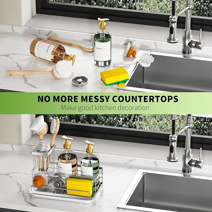 Cisily Stainless Steel Kitchen Sink Caddy Organizer, Sponge Holder for Sink Rustproof, Non-Slip Soap Dish Dispenser Brush Holder Storage, Home & Kitchen Essentials Accessories-NeatNest