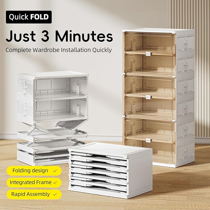 JEKO&JEKO 6 Tiers Foldable Shoe Rack Organizer Cabinet for Closet Entryway, Large Collapsible Shoe Storage Box with Magnetic Doors (White)-NeatNest