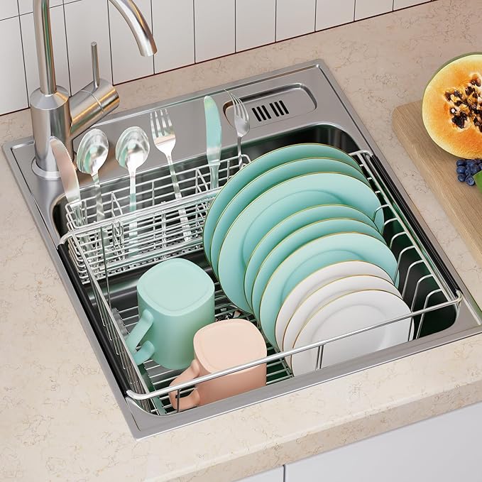 iPEGTOP Capacity Expandable Over Sink Dish Drying Rack, Multifunctional Adjustable (14"-18.5") Rustproof Stainless Steel Dish Drainer Organizer Shelf with Utensil Holder for Kitchen Counter Sink