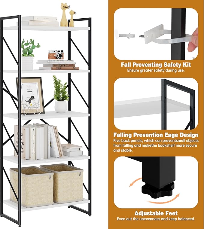 Bookshelf, 5 Tier Bookshelves, Home Office Bookcase Shelf Storage Organizer, Free Standing Storage Shelving Unit for Bedroom, Living Room and Home Office,White-NeatNest