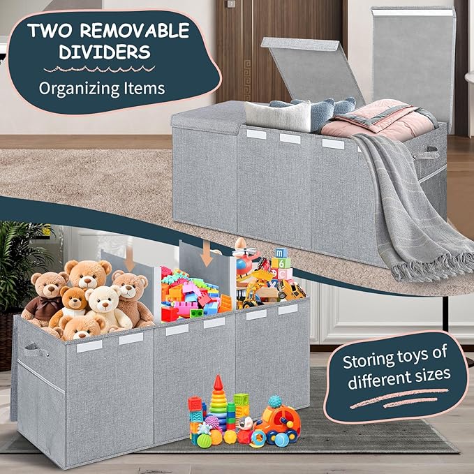 Extra Large Toy Box with Lids - Sturdy Collapsible Kids Storage Organizer Big Bin Chest Basket with Dividers for Boys Girls, Bedroom, Nursery, Living Room, Playroom Organization, 38"x16"x14", Gray