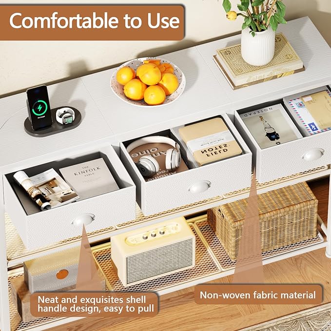 Furologee 38in Console Table with 3 Drawers, Small Sofa Table with Lights and Power Outlets, Hallway Tables with 3-Tier Shelves, White Narrow Console Table for Entryway, Living Room, Couch, Foyer-NeatNest