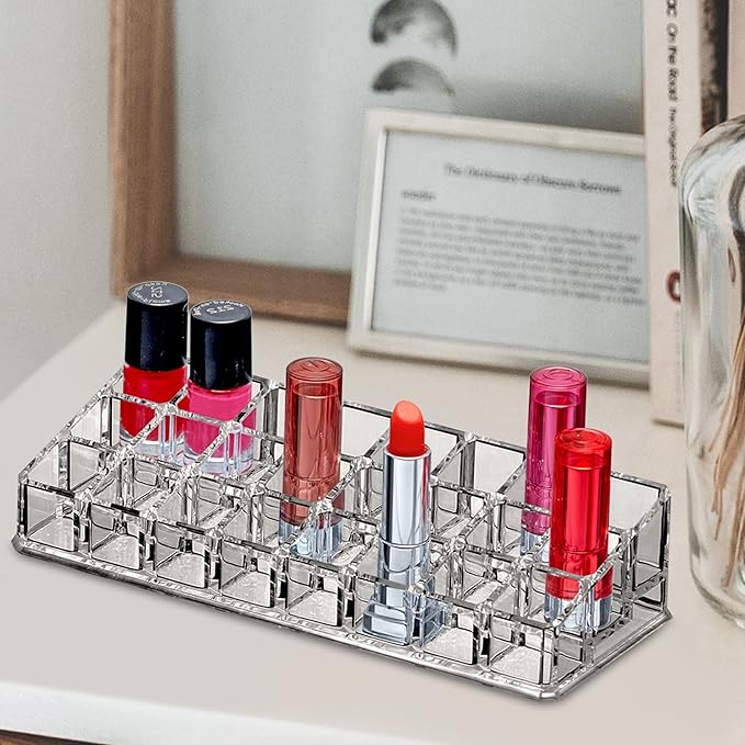 Amazing Abby - Glamour - 24-Slot Acrylic Lipstick Organizer, Lipstick Holder, Lip Gloss Holder, Cosmetic Storage Display, Perfect Storage Solution for Drawer and Vanity (Slot Size: 0.9" x 0.9")-NeatNest