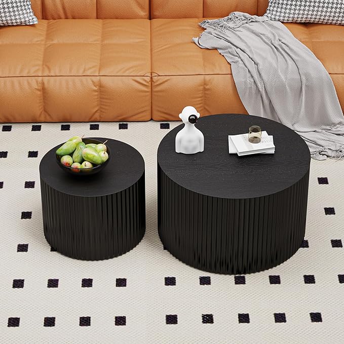 WXFKLDJ Round Nesting Coffee Table Set Cylindrical Wooden Coffee Table Sofa Center Table Circle Embossed Design Side Table for Living Room Apartment No Assembly (Round Black Small)