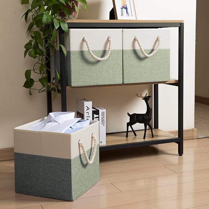 PRANDOM Large Foldable Cube Storage Bins 13x13 inch [4-Pack] Fabric Linen Storage Baskets Cubes Drawer with Cotton Handles Organizer for Shelves Nursery Closet Bedroom Beige/Green-NeatNest