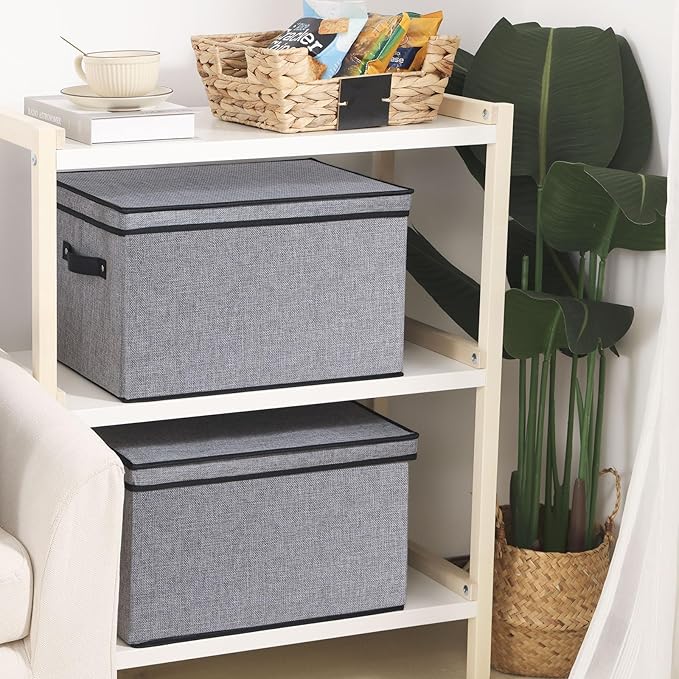 Clothing Storage Bins, Blanket Baskets for Shelves, Fabric Cubes with Handles and Lids, Decorative Linen Closet Organizers Boxes, Gray, 5 Pack, 16.5 x 11.8 x 10.2 Inch-NeatNest