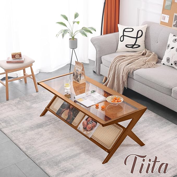 Tiita Rattan Coffee Table, Bamboo Accent Bedside Tables, Glass Nightstand Side Table, Boho Wooden End Table with Storage for Living Room,Living Room, Dining Room, Tea, Home Décor