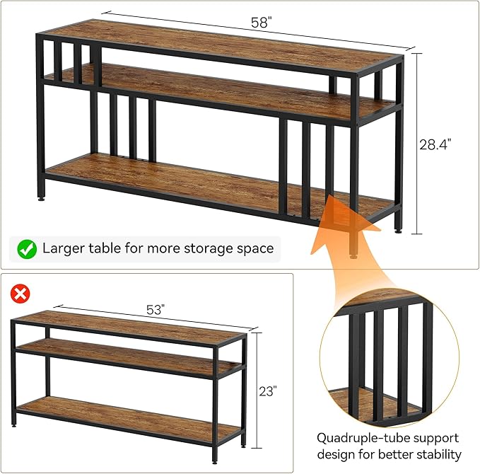 Garvee 58" TV Stand for Television up to 65 Inch, Entertainment Center with 3-Tier Open Shelves, TV Media Console Table Quadruple-Tube Support for Living Room, Entryway, Rustic Brown-NeatNest