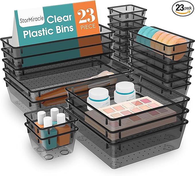 23 PCS Drawer Organizer Set, 5 Varied Size Bathroom and kitchen Drawer cabinet organizer Trays, Clear Storage Bins for Makeup, Jewelry, Utensils and Gadgets, Black-NeatNest