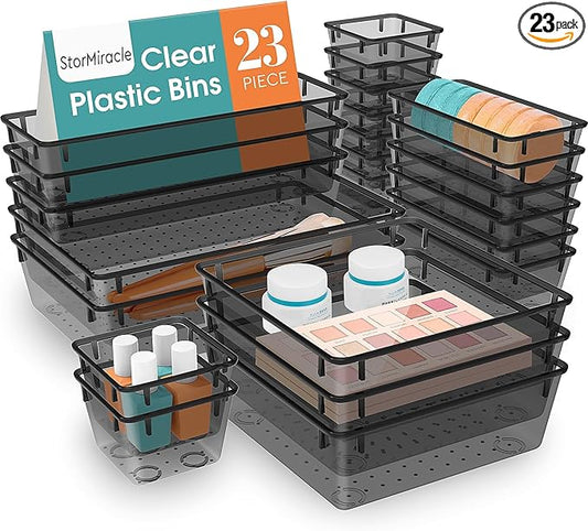 23 PCS Drawer Organizer Set, 5 Varied Size Bathroom and kitchen Drawer cabinet organizer Trays, Clear Storage Bins for Makeup, Jewelry, Utensils and Gadgets, Black-NeatNest