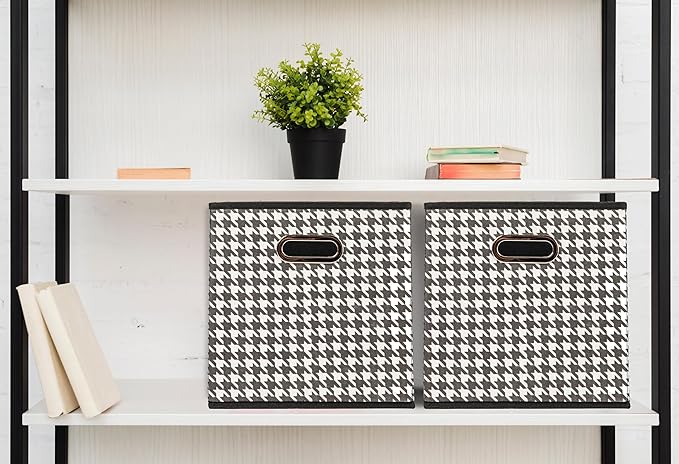 Household Essentials Fabric Storage Cube Bins, 6 Piece Set, Strong Poly-Woven Fabric, Chipboard Sides, Grommet Front Handle, Stackable and Foldable, Classic Design, Black and White Houndstooth
