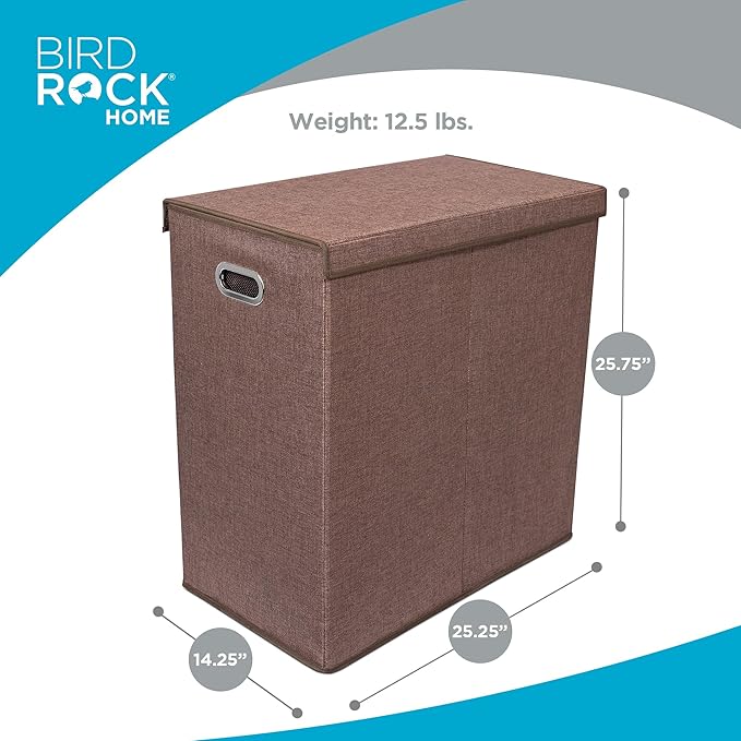 BIRDROCK HOME Laundry Hamper with Lid | Removable Bags for Sorting Clothes | Sectioned Laundry Basket for Bedroom & Bathroom | Collapsible Storage Bin with Cover | Double, Brown-NeatNest