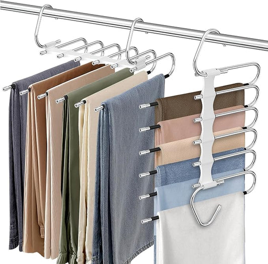 Upgrade 6 Layers Pants Hangers Space Saving, 2Pack Stainless Steel Multifunctional Rack Non Slip S-Type Clothes Jean Hanger Closet Organizer for Jeans Leggings Trousers Skirts Scarf, White-NeatNest