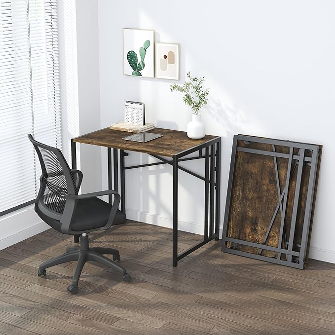 32 inch Small Folding Computer Desk, Writing Gaming Computer Desk for Small Spaces, No Assembly Required Home Office Desk, Rustic Brown-NeatNest