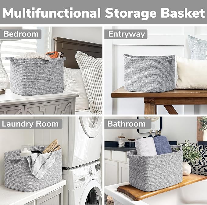 INDRESSME Woven Storage Basket, Multi-Use Organizer for Bathroom, Storage Bin for Baby Nursery & Laundry, Rope Basket for Toys & Diapers, Grey, 13 x 10 x 9 Inches